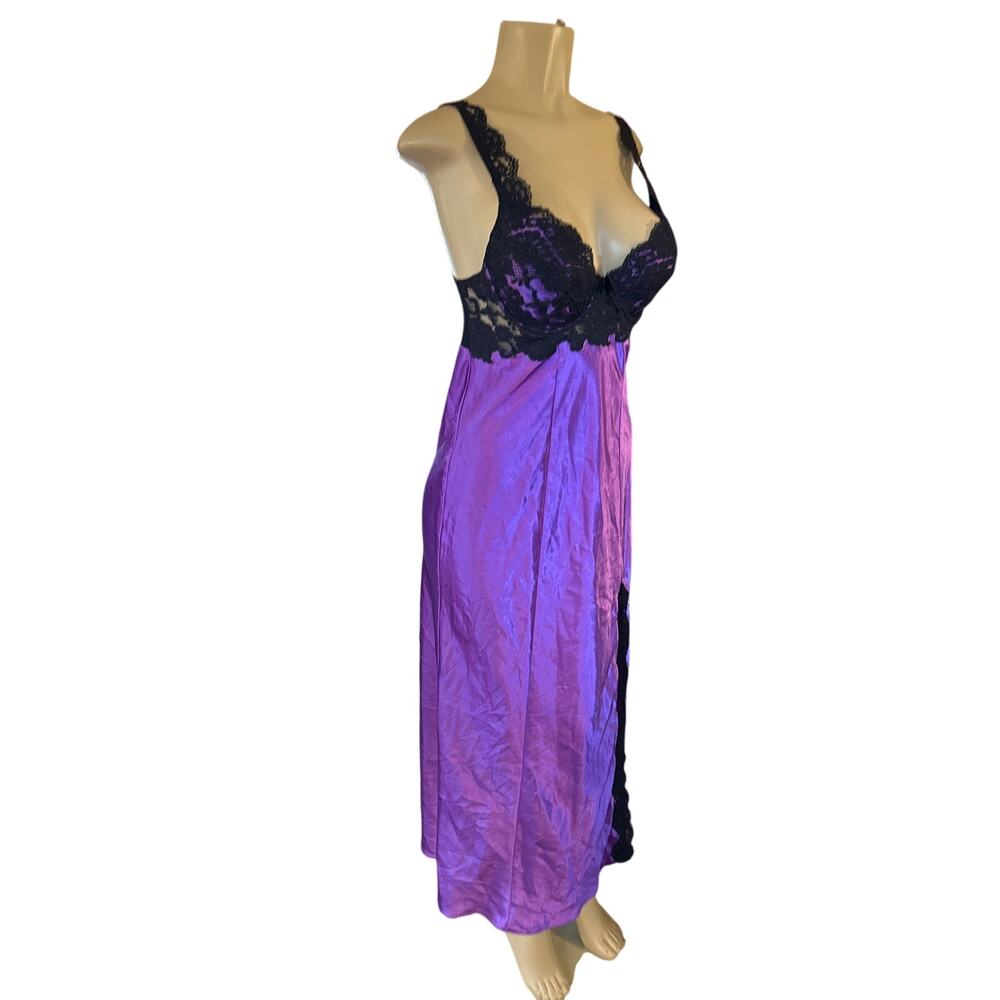 Vintage Women M Victoria's Secret Satin Purple Black Slip Maxi Dress Gown Slit